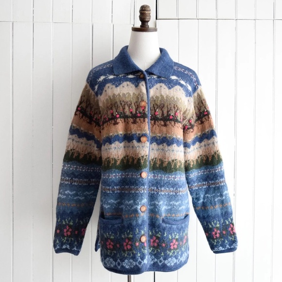 Tabi International Sweaters - Vintage Tabi Wool Cardigan | Fair Isle Landscape Knit | Cottagecore | Size L